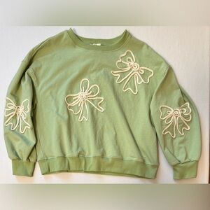 Easel Light Green Sweatshirt Top with Bow Details 100% Cotton